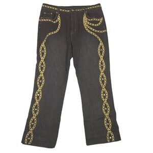 DG2 Diane Gilman Black Jeans Gold Chain Embroidery Rhinestone Womens 14 Straight